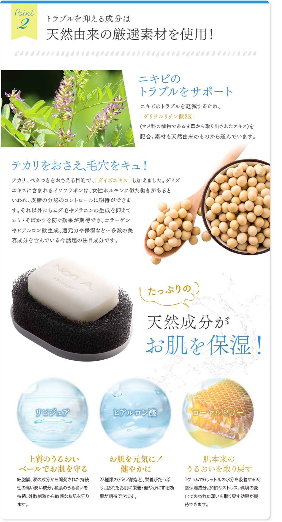 ポイント2　トラブルを抑える成分はナチュラルな厳選素材を使用！