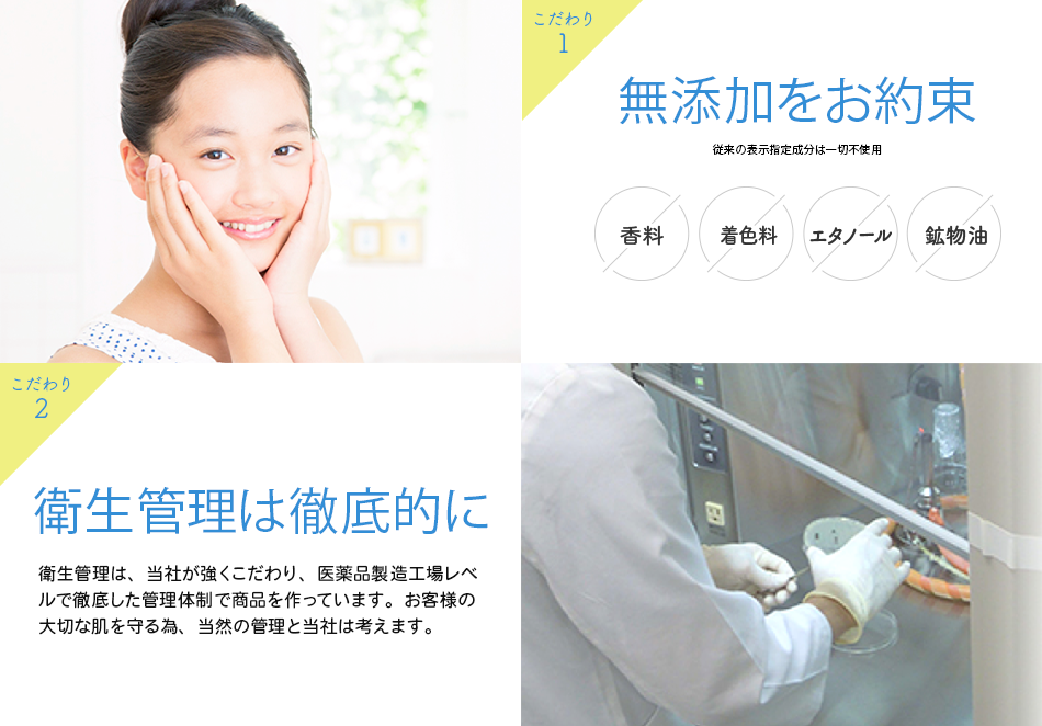 こだわり1　渡来の表示指定成分は一切不使用！　こだわり2　衛生管理は徹底的に